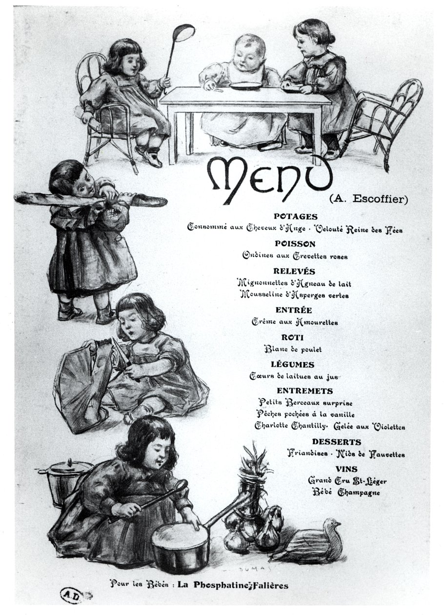 Auguste Escoffierin (1846-1935) luoma ruokalista lapsille ja vauvoille, n. 1900 tekijältä French School