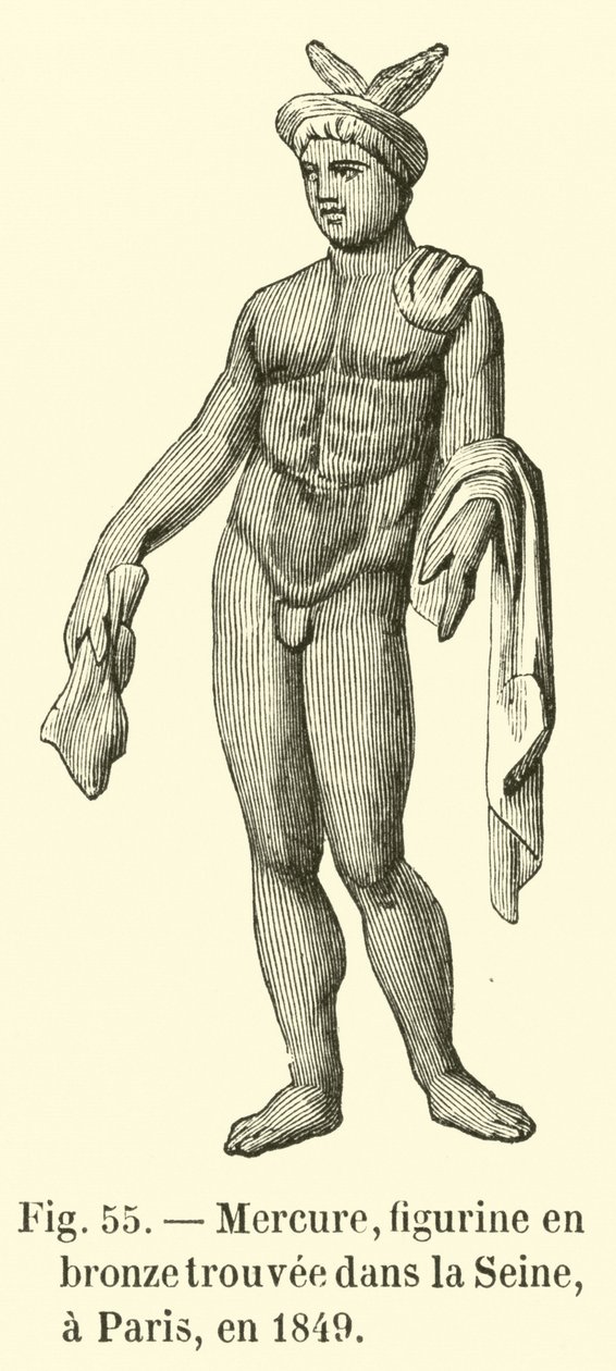 Merkurius, pronssihahmo, joka löydettiin Seinen uomasta Pariisista vuonna 1849 (kaiverrus). tekijältä French School