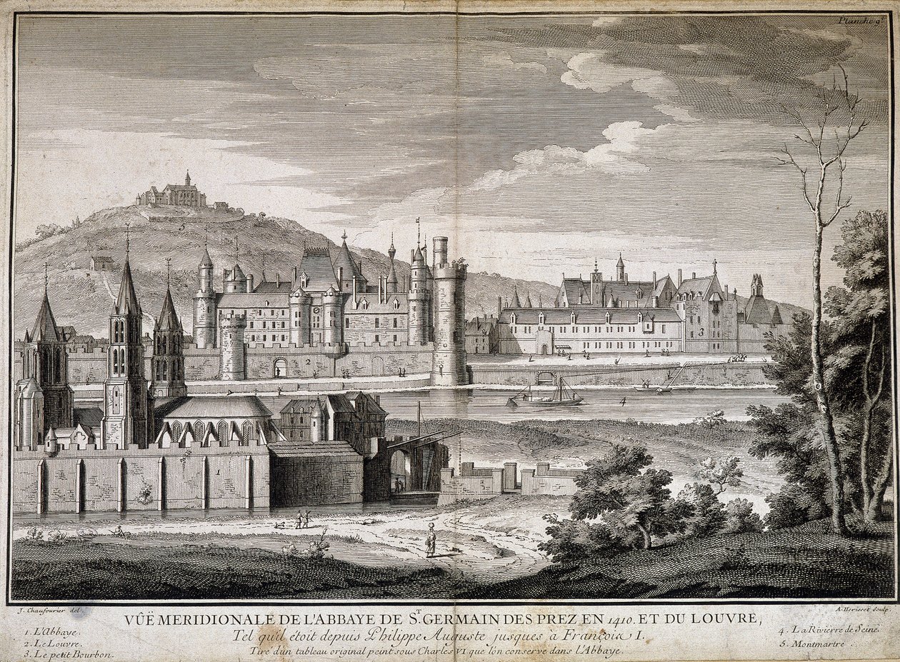 Meridionaalinen näkymä Saint Germain des Presin luostarille ja Louvrelle vuonna 1410 - kaiverrus tekijältä French School