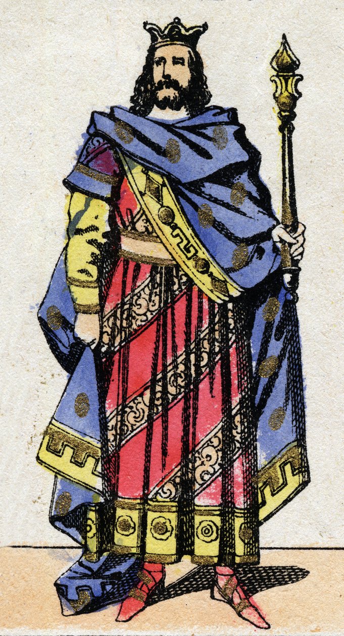 Merovingi-dynastia: Clotaire IV:n (685-719) muotokuva, Austraasian frankkien kuningas 717-719. Epinaalikuvaus 1800-luvun lopulta. Yksityinen kokoelma. tekijältä French School