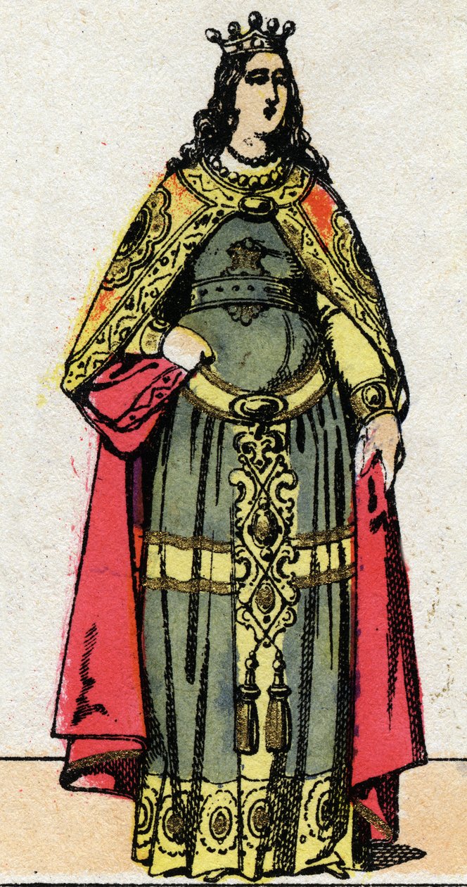 Merovingi-dynastia: Dagobert III:n (699-715) vaimon kuningatar Clothilden muotokuva. Epinaalikuvaus 1800-luvun lopulta. Yksityinen kokoelma. tekijältä French School