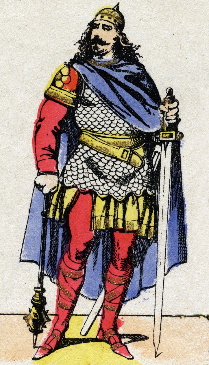 Merovingi-dynastia: Muotokuva Charles Martelista (v. 688-741), palatsin pormestarina 737-741. Epinaalikuvaus 1800-luvun lopulta. Yksityinen kokoelma. tekijältä French School