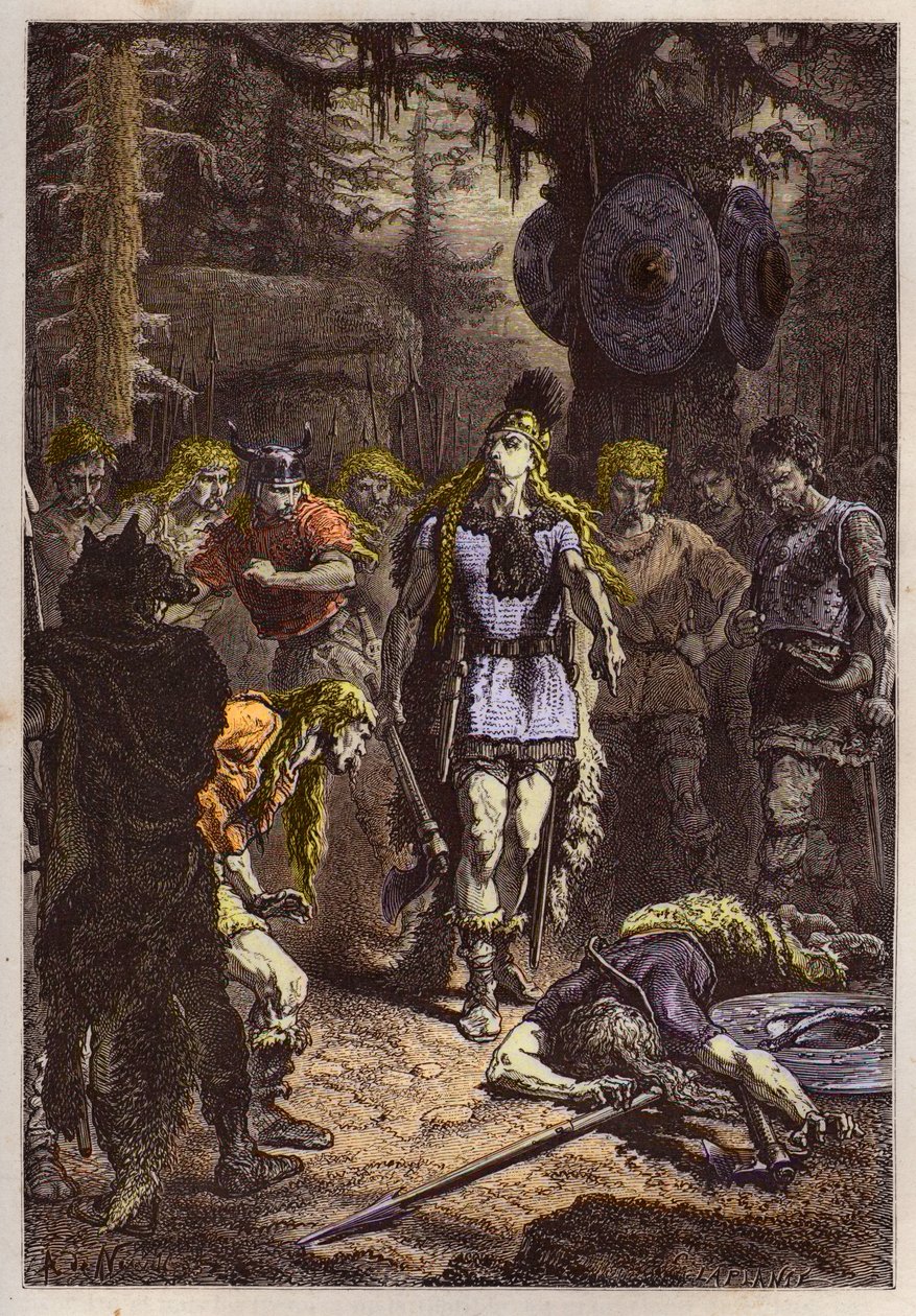 Merovingiens: Clovis 1er ampui alas sotilaan, joka oli rikkonut Soissons-maljakon, en 486 - Clovis (465-511) ja frankkilainen soturi, joka rikkoi Soissons-maljakon vuonna 486 - kaiverrus "" L