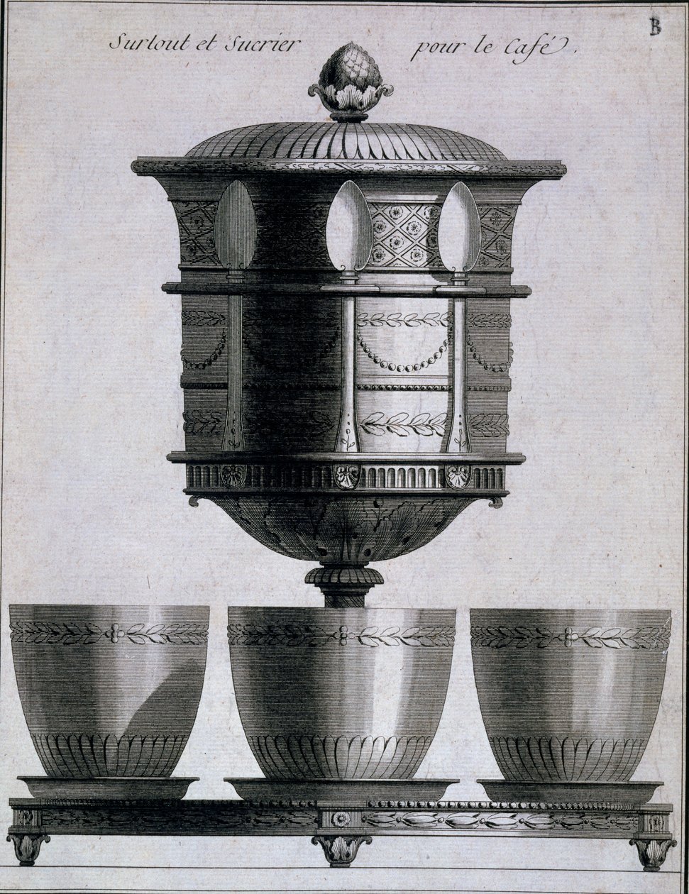 Metallityöt: kahviastiasto lusikoilla ja sokeritelineellä, 1780-96 tekijältä French School