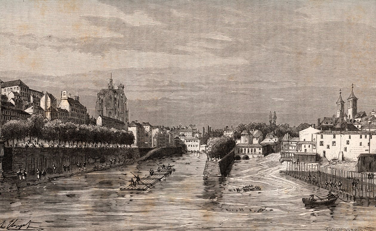 Metz - näkymä Saint-Georgesin satamasta - Mosel - kaiverrus V.A. Malt-Brownin kirjaan "La France illustrée: maantiede, historia, tilastohallinto". 1884 tekijältä French School