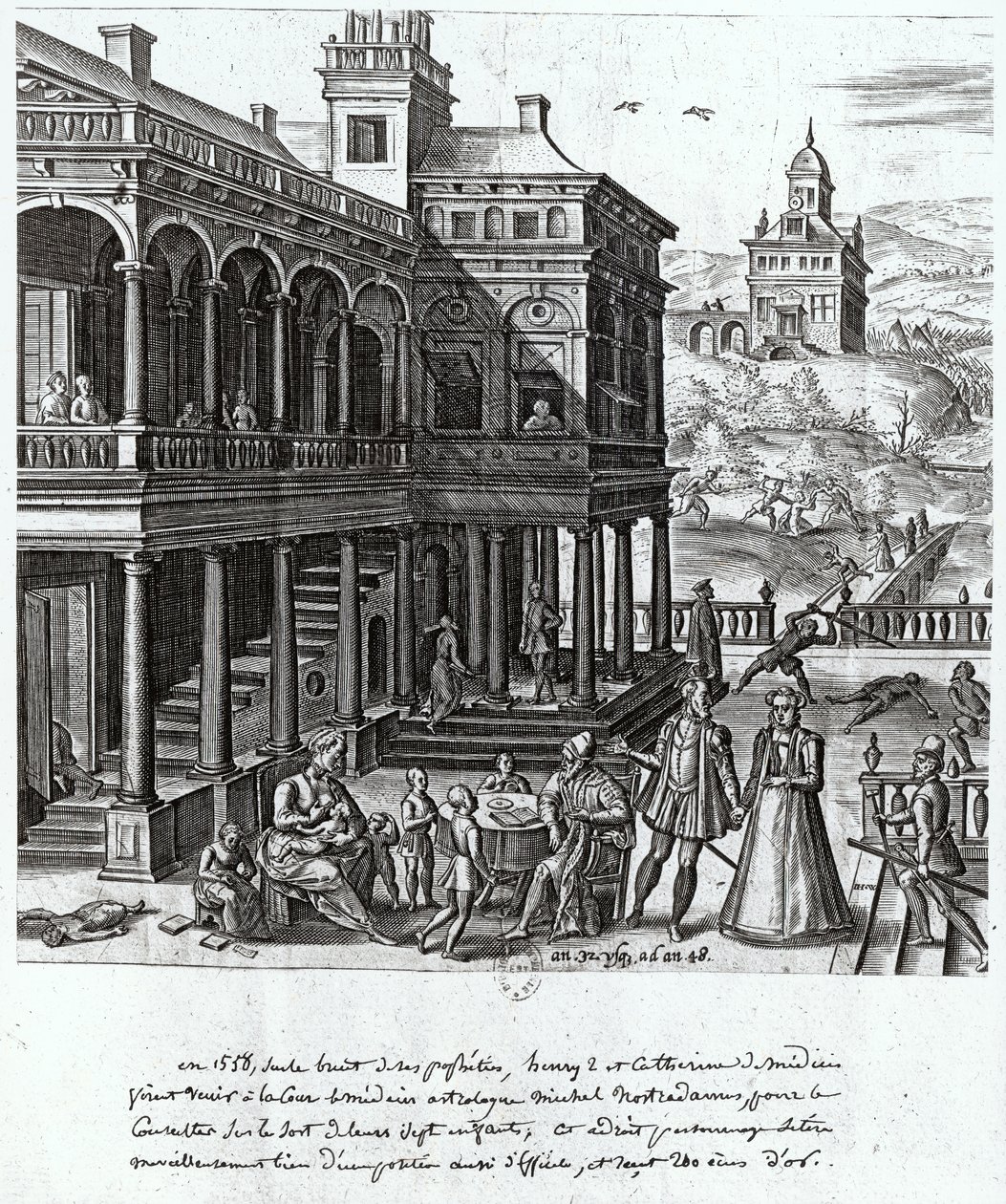 Michel de Nostradamea (1503-66) kuullaan Catherine de Medicin (1519-89) ja Henri II:n (1519-59) seitsemän lapsen kohtalosta 1548 tekijältä French School