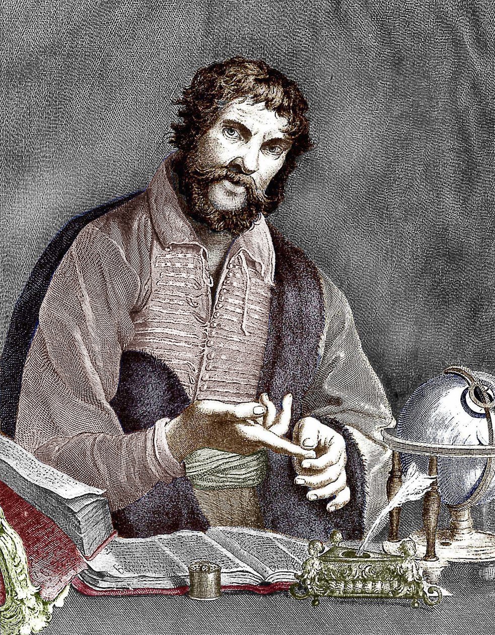 Michel de Nostredame, eli Nostradamus (1503-1566) ranskalainen astrologi ja lääkäri, kaiverrus, värillinen asiakirja tekijältä French School