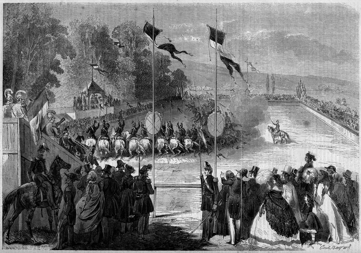 Saint Cyrin (Saint-Cyr) oppilaiden toteuttama sotilaskaruselli. Morbihan (56), 31. elokuuta 1861. Kaiverrus "" Le Monde Illustré" -julkaisussa nro 230, 7. syyskuuta 1861. tekijältä French School