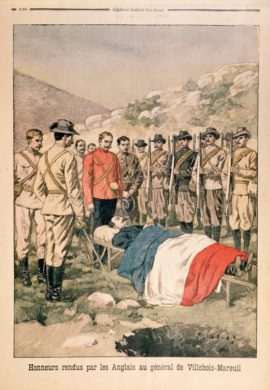 Britit maksavat sotilaallisia kunnianosoituksia kenraali Georges de Villebois-Mareuilille (1847-1900) Boshofin hautausmaalla, kuva Le Petit Journalista, 29. huhtikuuta 1900 tekijältä French School