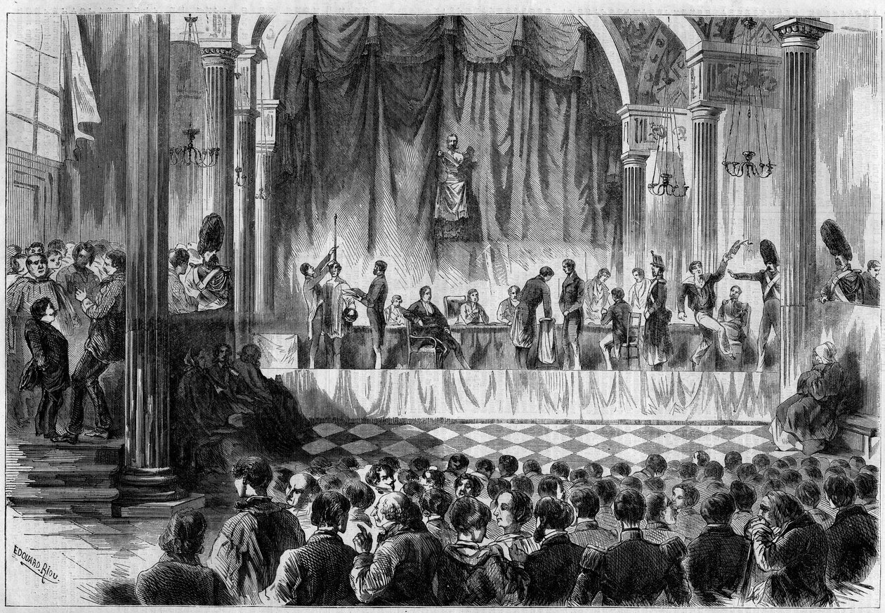 Sotilaallinen rekrytointi: vuoden 1858 varusmiesten arvonta Pariisin Hotel de Villen Saint Jean -huoneessa. Kaiverrus "" Le Monde Illustré" -julkaisussa nro 44, 13. helmikuuta 1858. tekijältä French School