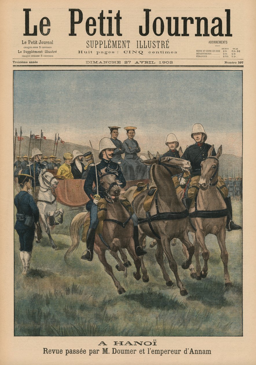 Ranskan Indokiinan kenraalikuvernöörin Paul Doumerin ja Annamin keisarin Thanh Thain sotilaskatsaus Hanoissa, etukannen kuva Le Petit Journalista, Supplement Illustre, 27. huhtikuuta 1902 ( tekijältä French School