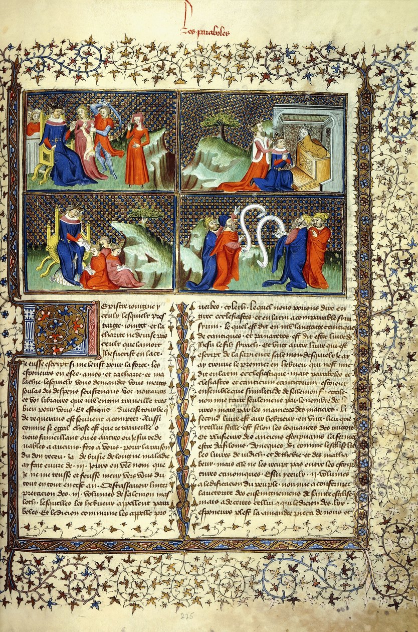 Pienoiskuva, joka kuvaa äitien tuomiota, Saban kuningattaren saapumista, Salomon opetusta ja lääkäreiden kiistaa, n. 1410 tekijältä French School
