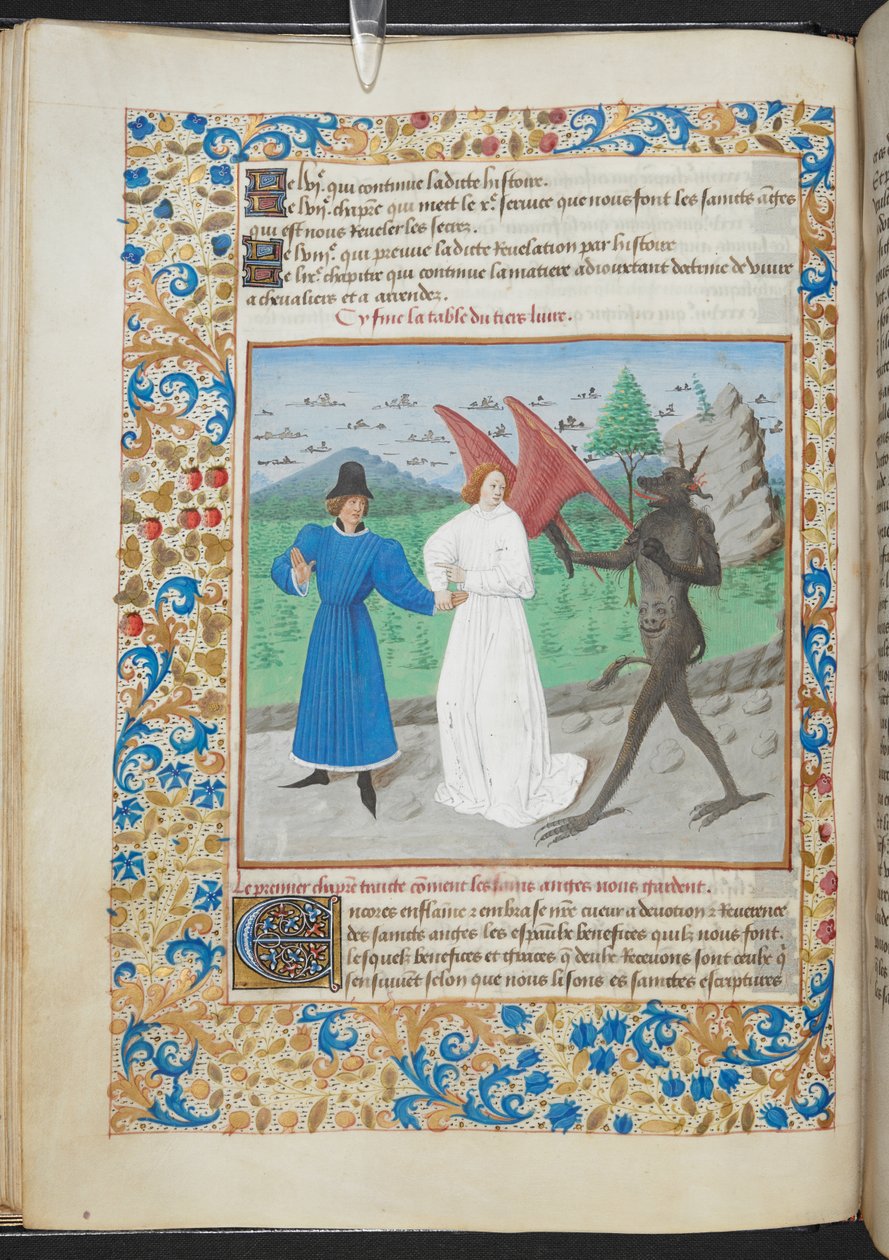 Miniatyyri miehestä suojelusenkelin ja paholaisen kanssa Sloane MS 3049 f. 27, c. 1480 (vellum) tekijältä French School