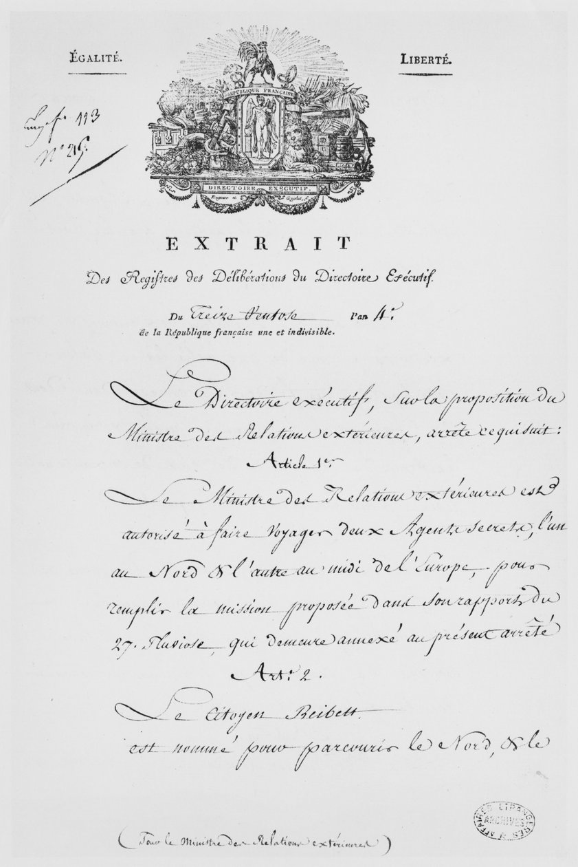 Ulkoasiainministeriö, kahden salaisen agentin nimitys, 1796 (muste paperille) tekijältä French School