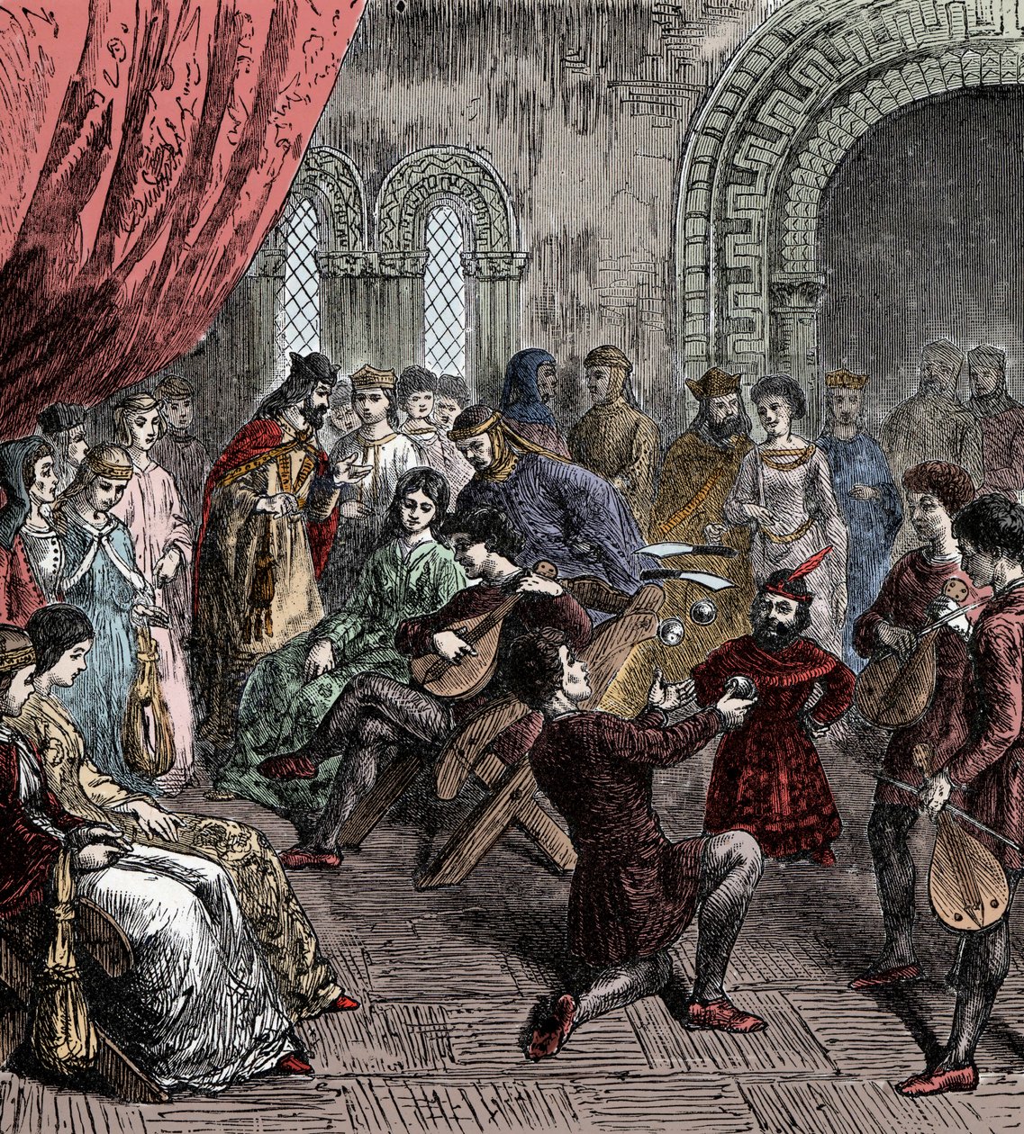 Minstrels and Jugglers at Court (käsinvärinen kaiverrus) tekijältä French School