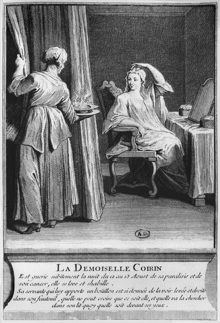 Demoiselle Coirinin halvauksen ja syövän ihmeparantuminen diakoni Francois de Parisin haudalla Saint-Medardin seurakunnan hautausmaalla Pariisissa, kuva teoksesta La verite des miracles de M tekijältä French School