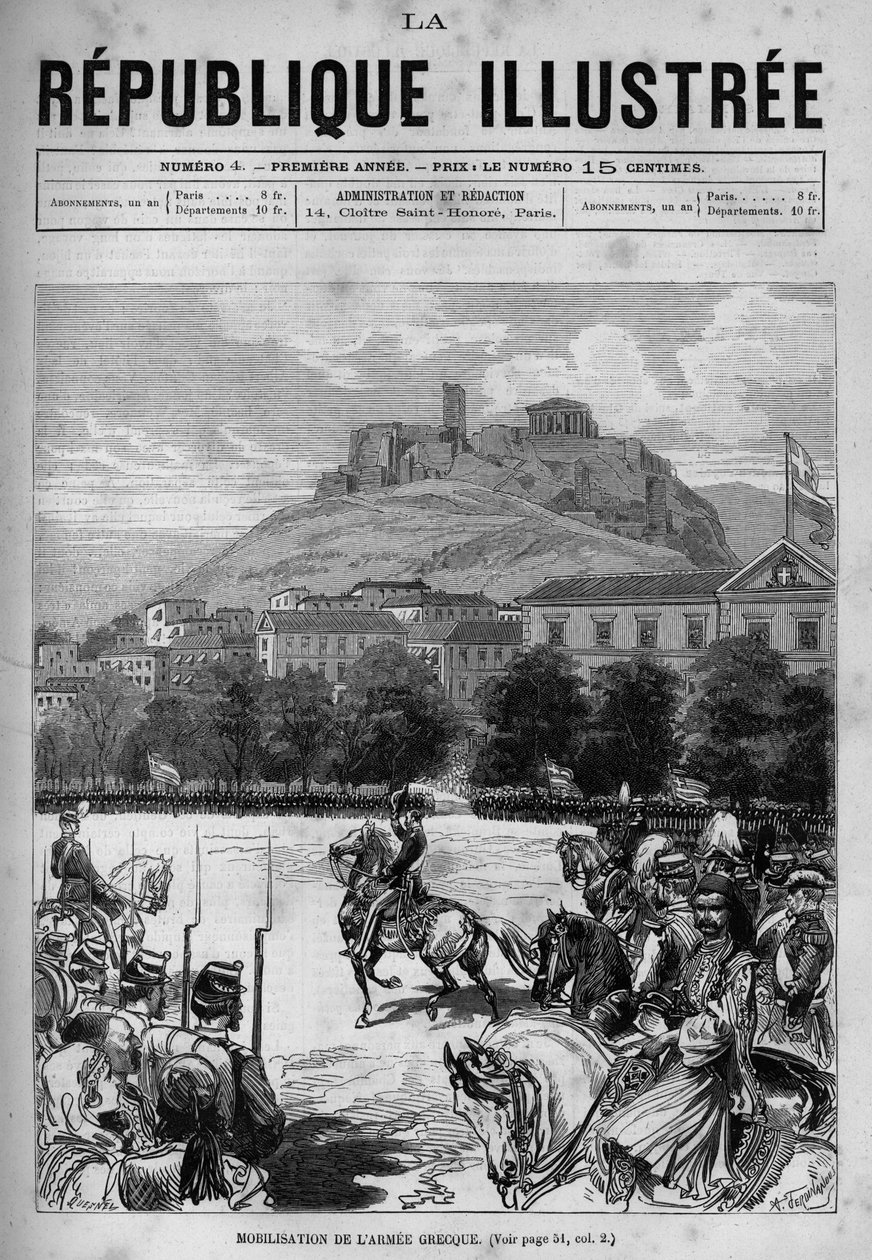 Kreikan armeijan mobilisointi Athenen kaduilla. Voit nähdä Akropolisin ja Parthenonin. Sanomalehti. Kaiverrus vuodelta 1880 "La republique illustree" -yksityiskokoelmassa. tekijältä French School