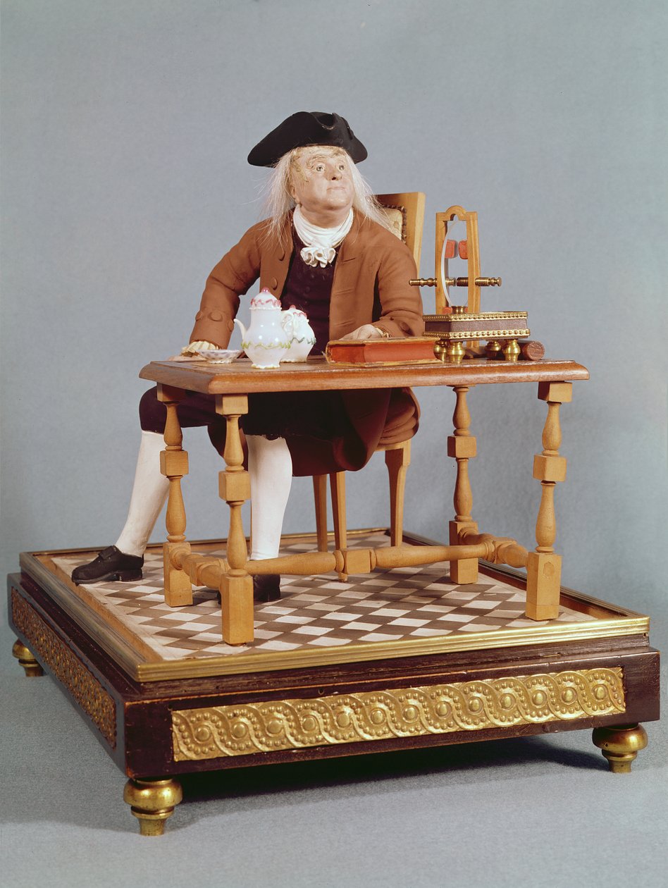 Benjamin Franklinin (1706-90) malli hänen pöydässään, 1700-luvun loppu tekijältä French School