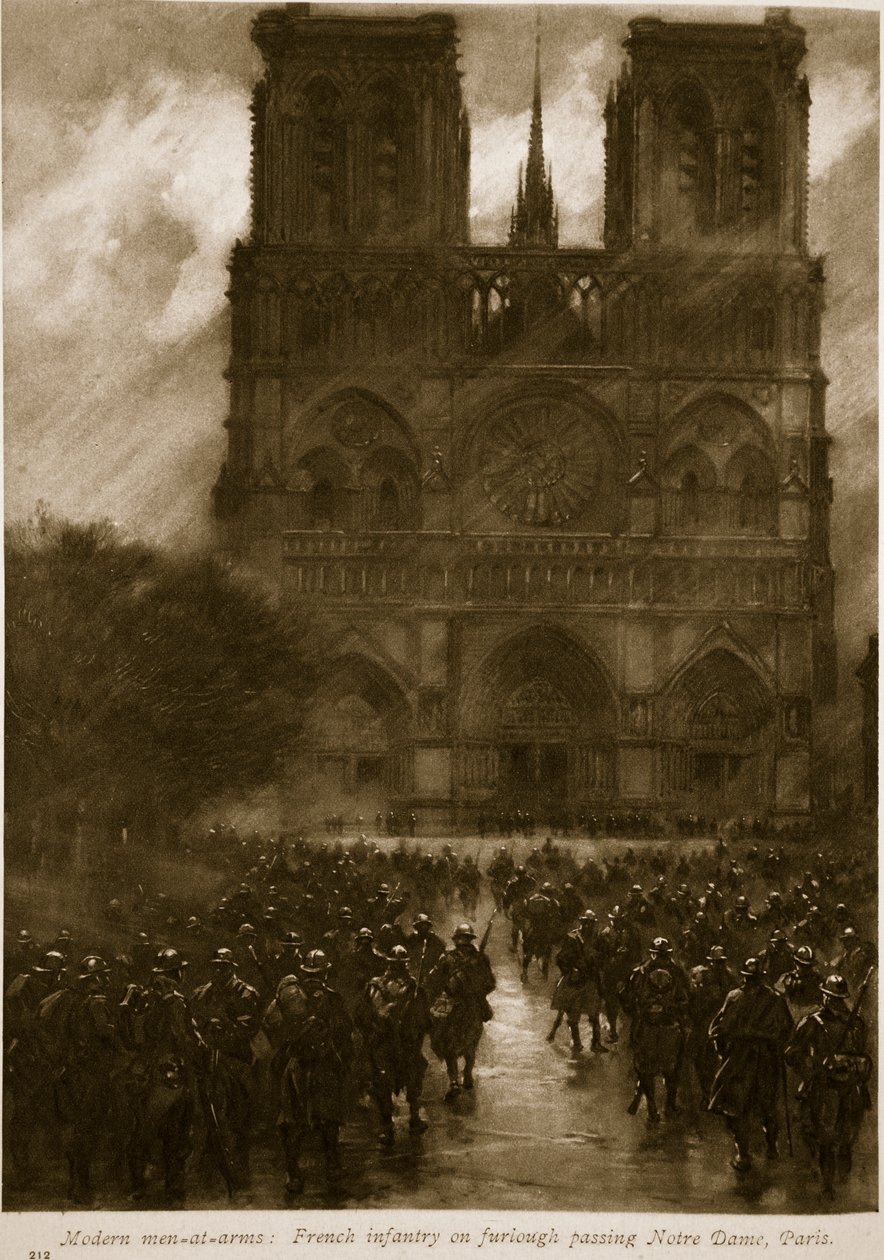 Nykyaikaiset asemiehet: Ranskan jalkaväki lomalla ohittaessaan Notre Damen Pariisissa, 1914-19 tekijältä French School