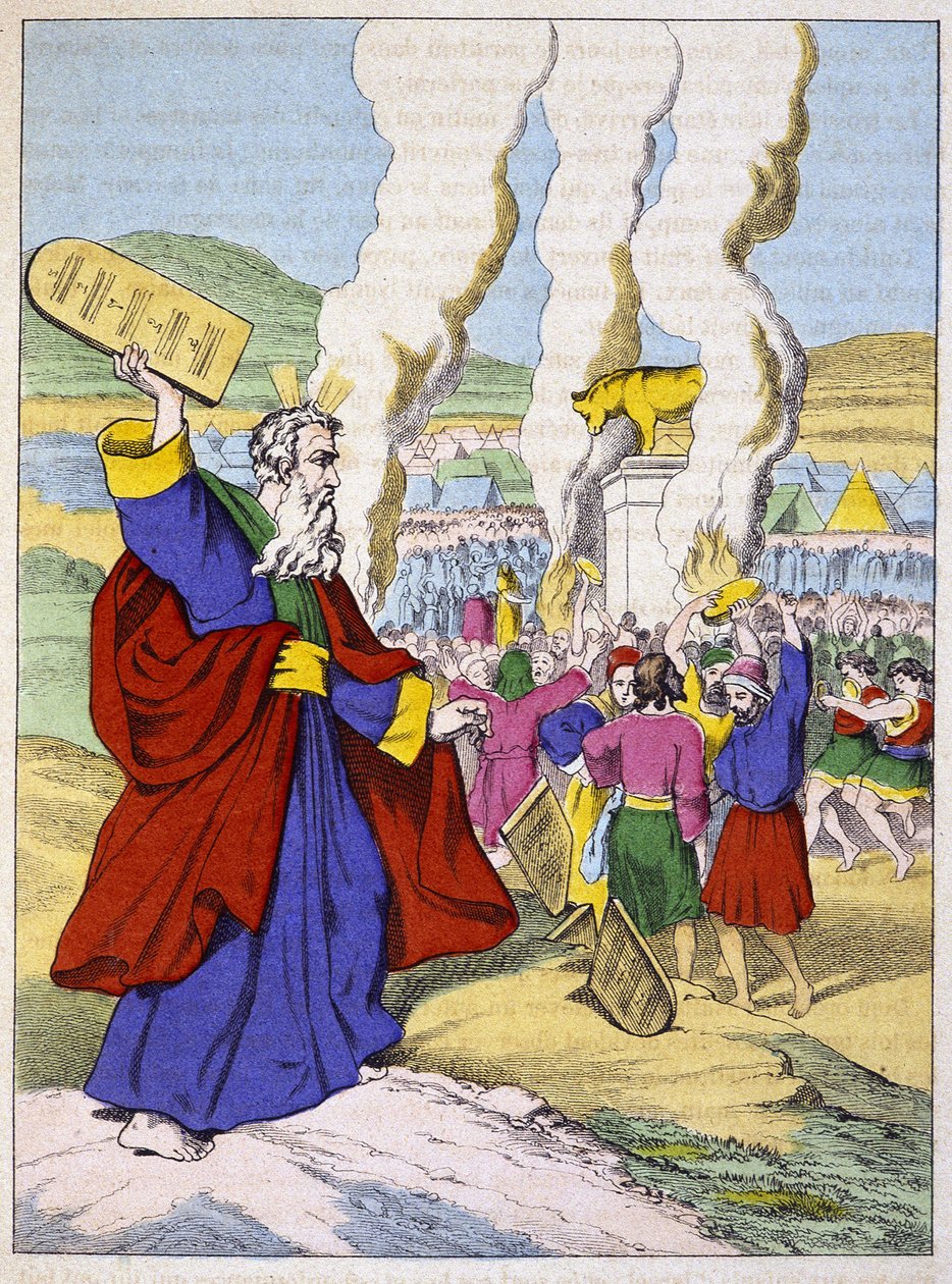 Moise rikkoo lain taulukot Kultaisen vasikan edessä - teoksessa ”Moisen elämä”, toim. Olivier Pinot, Epinal, 1800-luvun loppu tekijältä French School