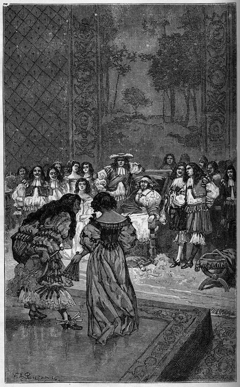 Moliere ja hänen ryhmänsä soittivat ennen kuningas Ludvig XIV:tä ja kardinaali Jules Mazarinia (Giulio Raimondo Mazzarino tai Mazarino) (1602-1661). Kaiverrus teokseen "Kuvallinen maailma" 1886. tekijältä French School