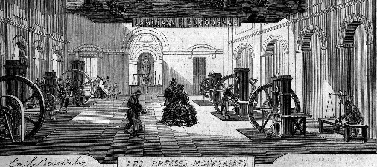 Rahanteko: osta rahapuristimia. Kaiverrus "" Le Monde Illustré" -julkaisussa nro 145, 21. tammikuuta 1860. tekijältä French School