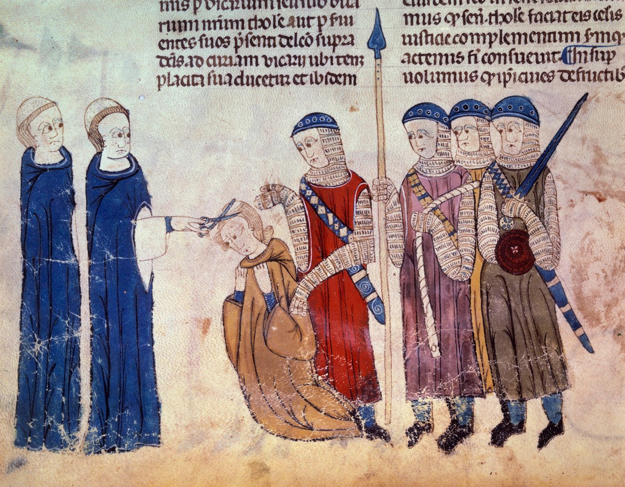 Munkki niitti rangaistuksena irstailusta. Miniatyyri käsikirjoituksesta "" Toulousen tulli" (Folio 33V) tekijältä French School