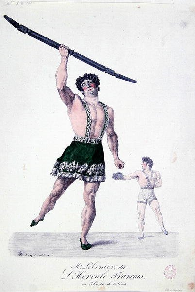 Monsieur Lebenier, joka tunnetaan nimellä "ranskalainen Hercules", n. 1820-1830 (värilitho) tekijältä French School