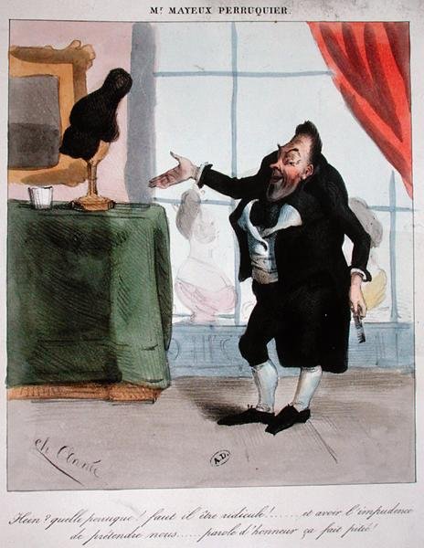 Monsieur Mayeux, Peruukintekijä, n. 1840 (värilitho) tekijältä French School