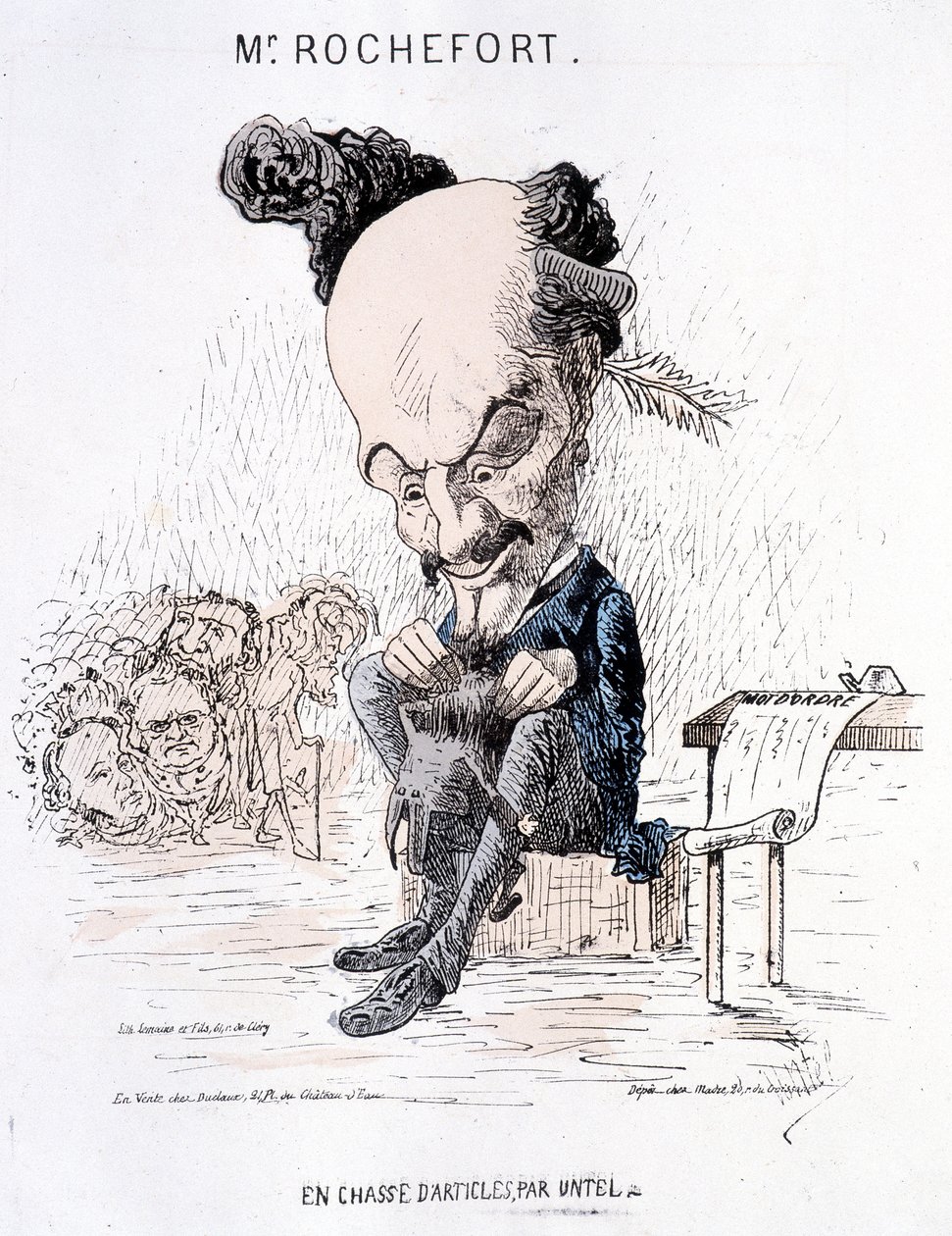 Monsieur Rochefort etsii Untelin artikkeleita. Karikatyyri Rochefortista ja kommuunista. tekijältä French School