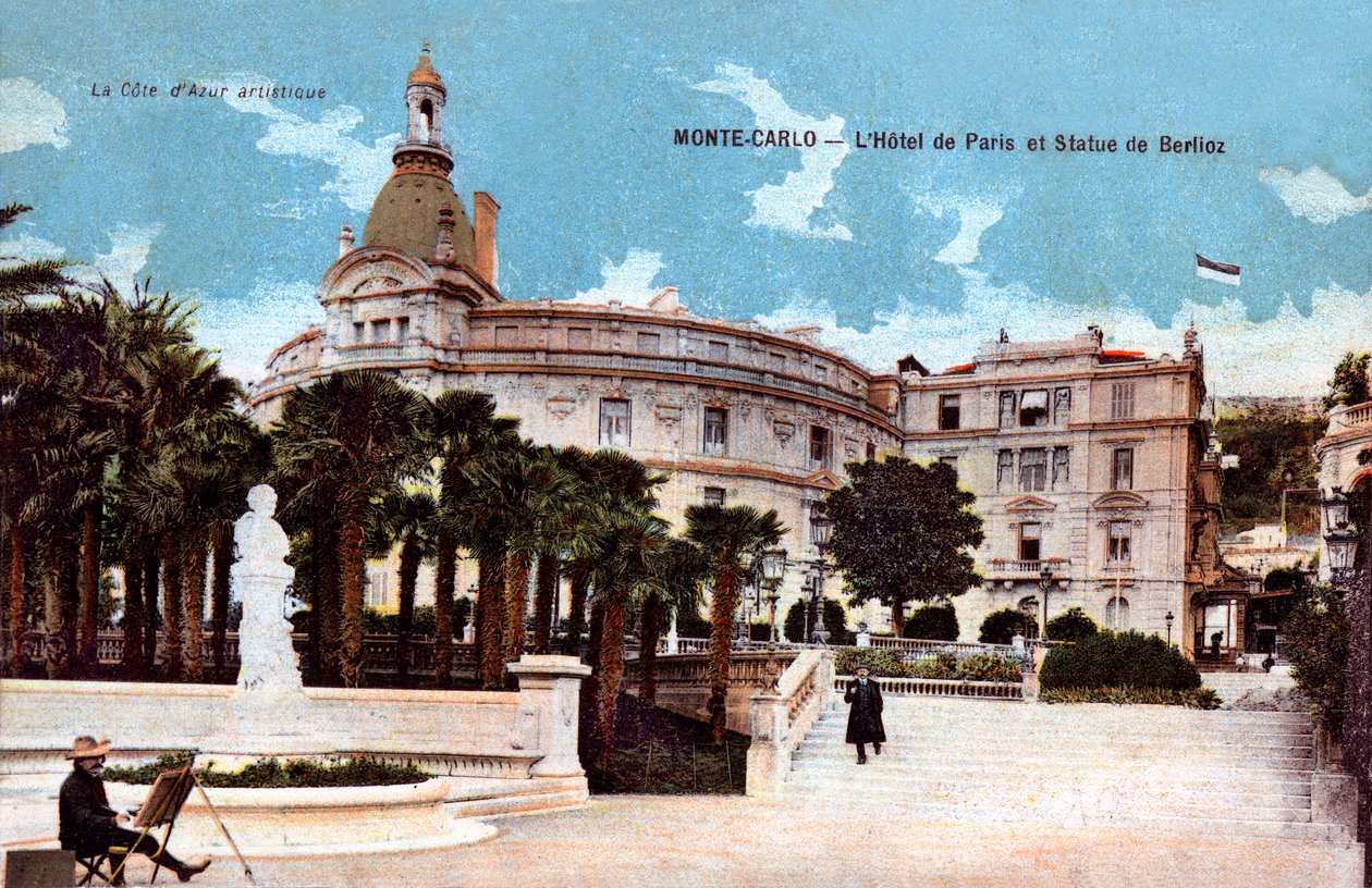 Monte-Carlo, Hotel de Paris ja Berliozin patsas - värillinen postikortti 1900-luvulta tekijältä French School