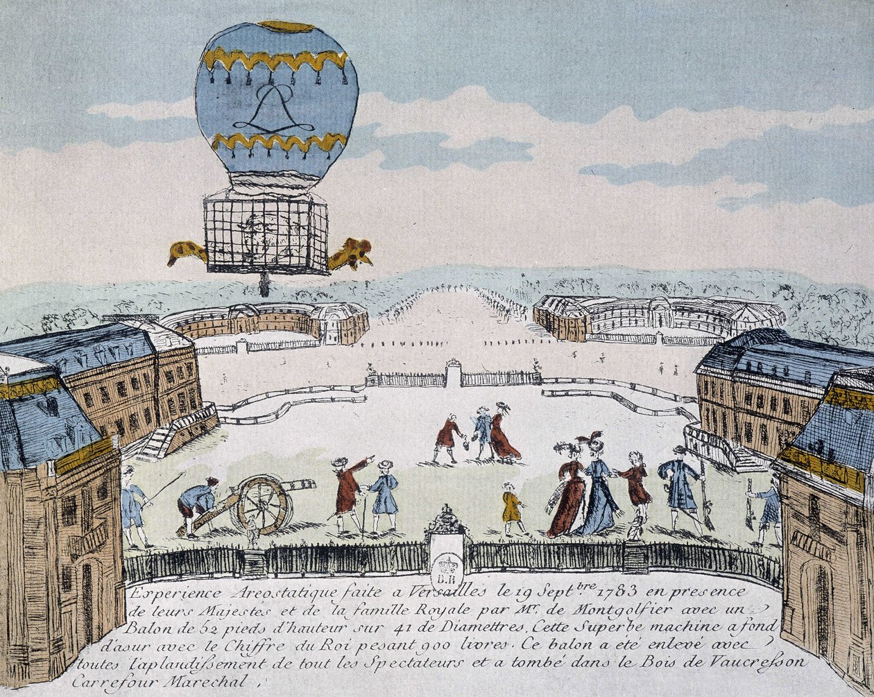 Montgolfierin ensimmäinen eläinten asuttaman aerostatin lento järjestettiin Versaillesissa 19. syyskuuta tekijältä French School