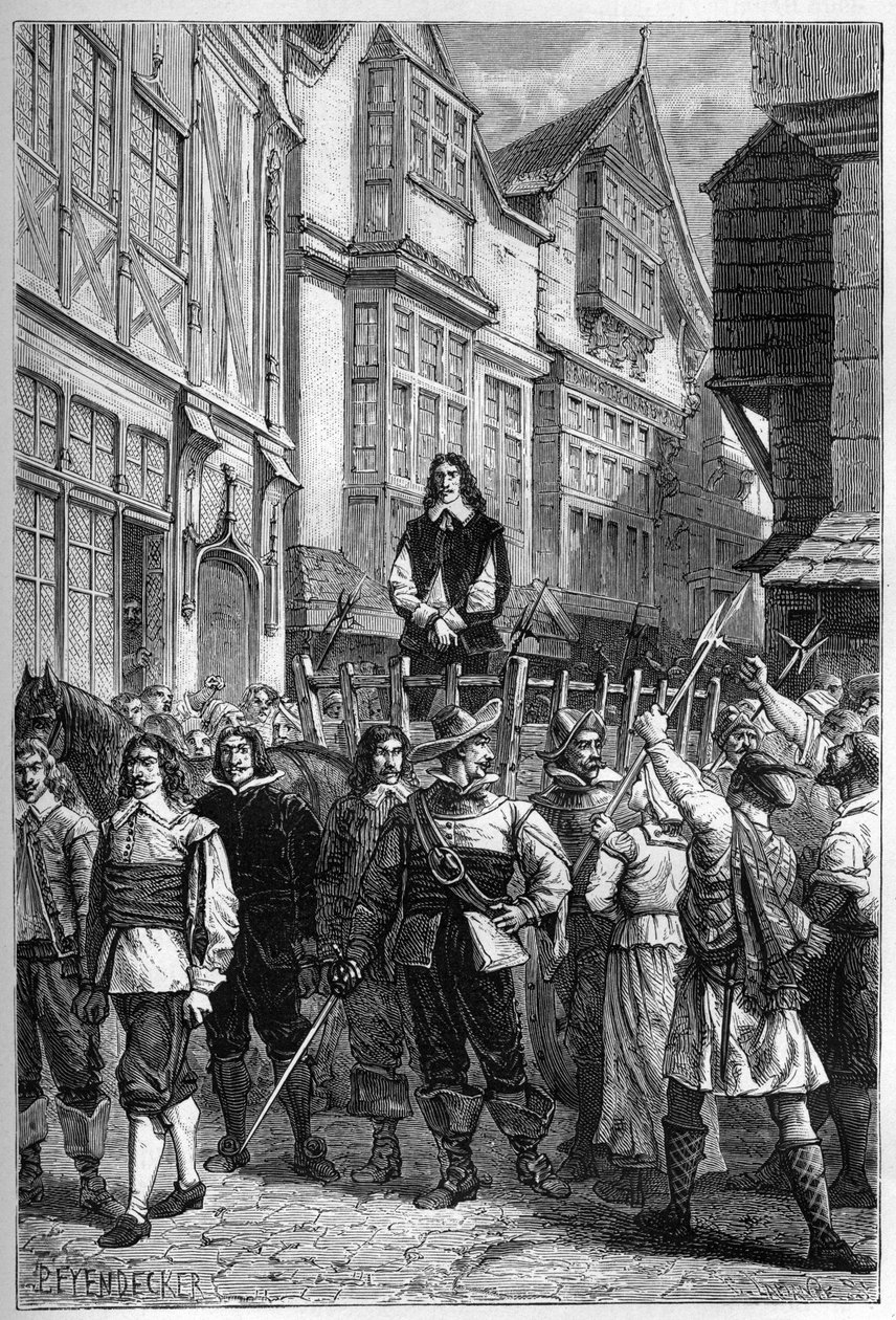 Montrose vietiin vankilaan kärryillä - James Graham (1612-1650), Montrosen markiisi, skotlantilainen kenraali, näytteillä Edinburghin High Streetillä, vuonna 1650 - kaiverrus Francoisin teoksesta "Englannin historia, varhaisimmista ajoista" Guizot 187 tekijältä French School