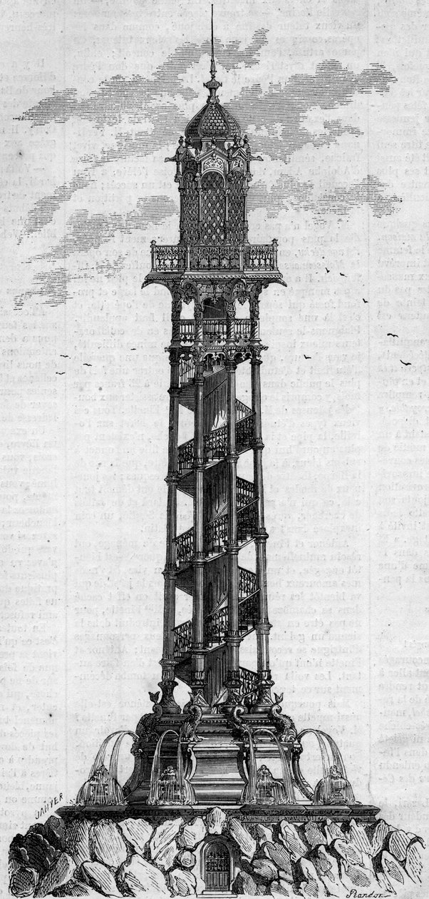 Passyn arteesisen kaivon monumentaalinen pylväs, saksalainen insinööri Charles Gosshelf Kind. Kaiverrus "" Le Monde Illustré" -julkaisussa nro 25, 3. lokakuuta tekijältä French School