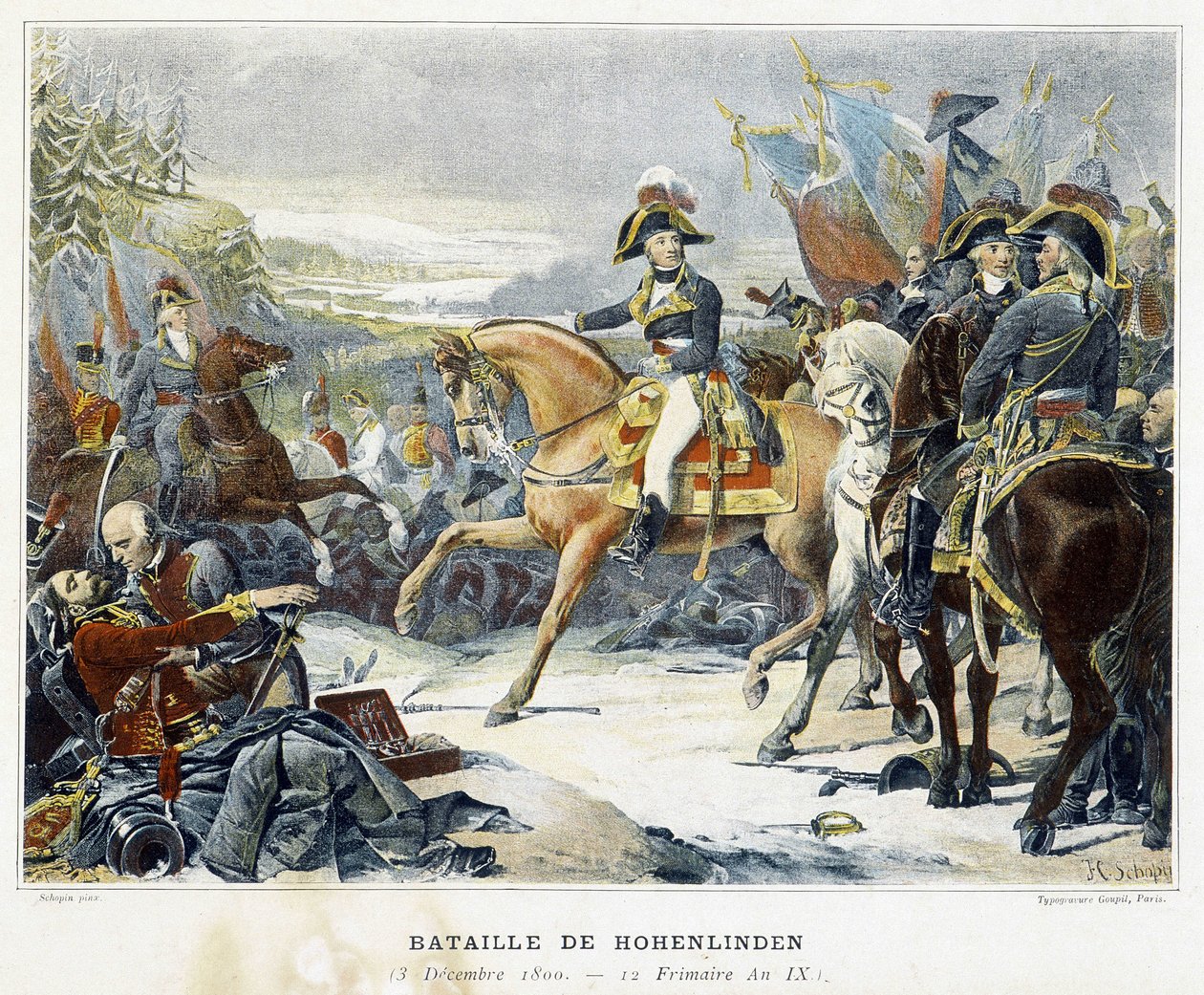 Moreaun voitto arkkiherttua Jeanin komentamista itävaltalaisista 3. joulukuuta 1800 Hohenlindenin taistelussa (Baviere - Saksa). tekijältä French School