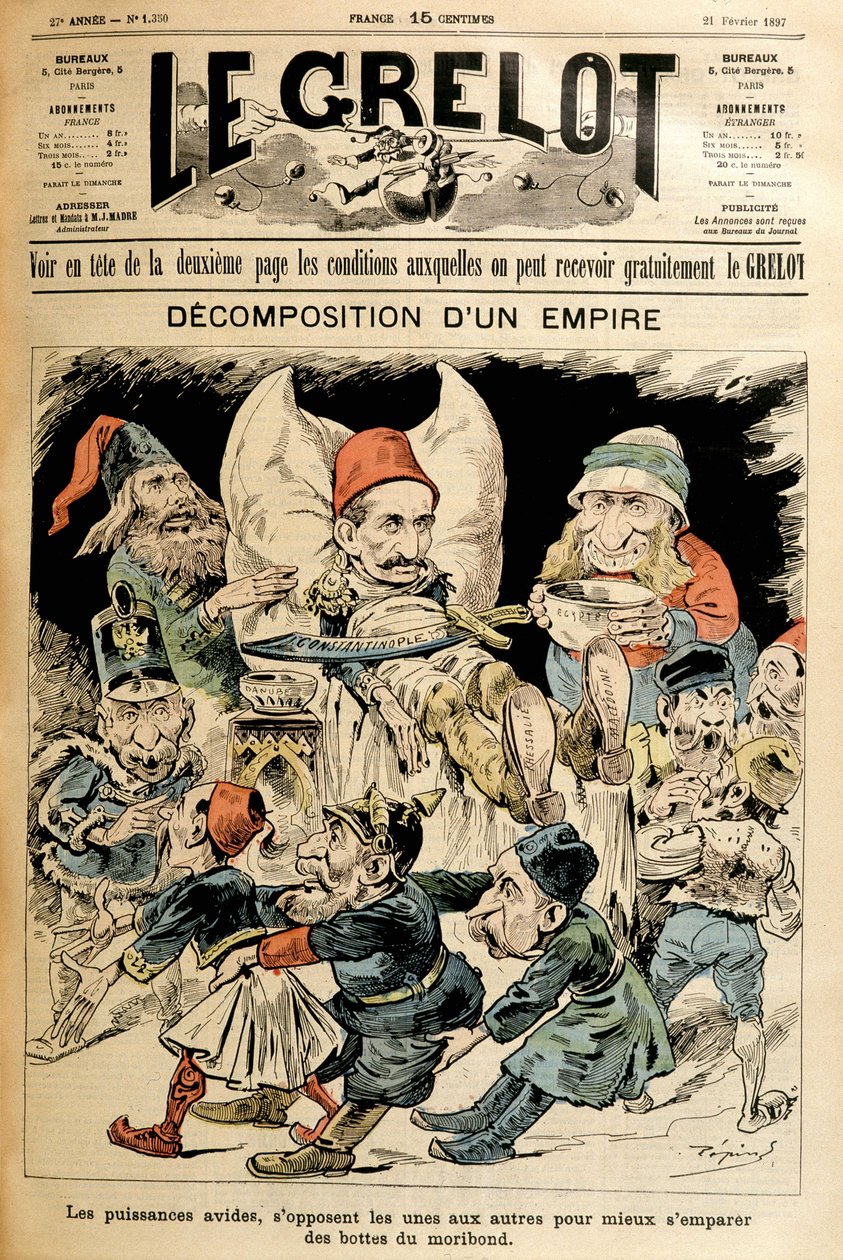 Kuoleva Turkki ja vieraat voimat taistelevat hänen saappaistaan, kansi "" Le Grelot"" 21.2.1897. tekijältä French School