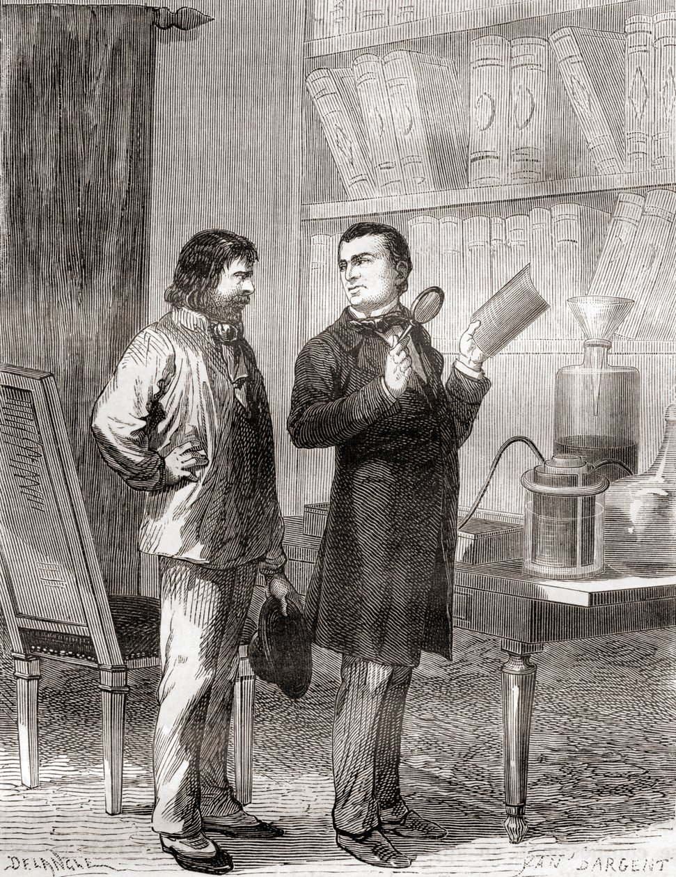 Moritz von Jacobi, oikealla, löytämässä galvanoplastia eli sähkötyyppiä vuonna 1838 Les Merveilles de la Science -julkaisusta, julkaistu n. 1870 (kaiverrus) tekijältä French School