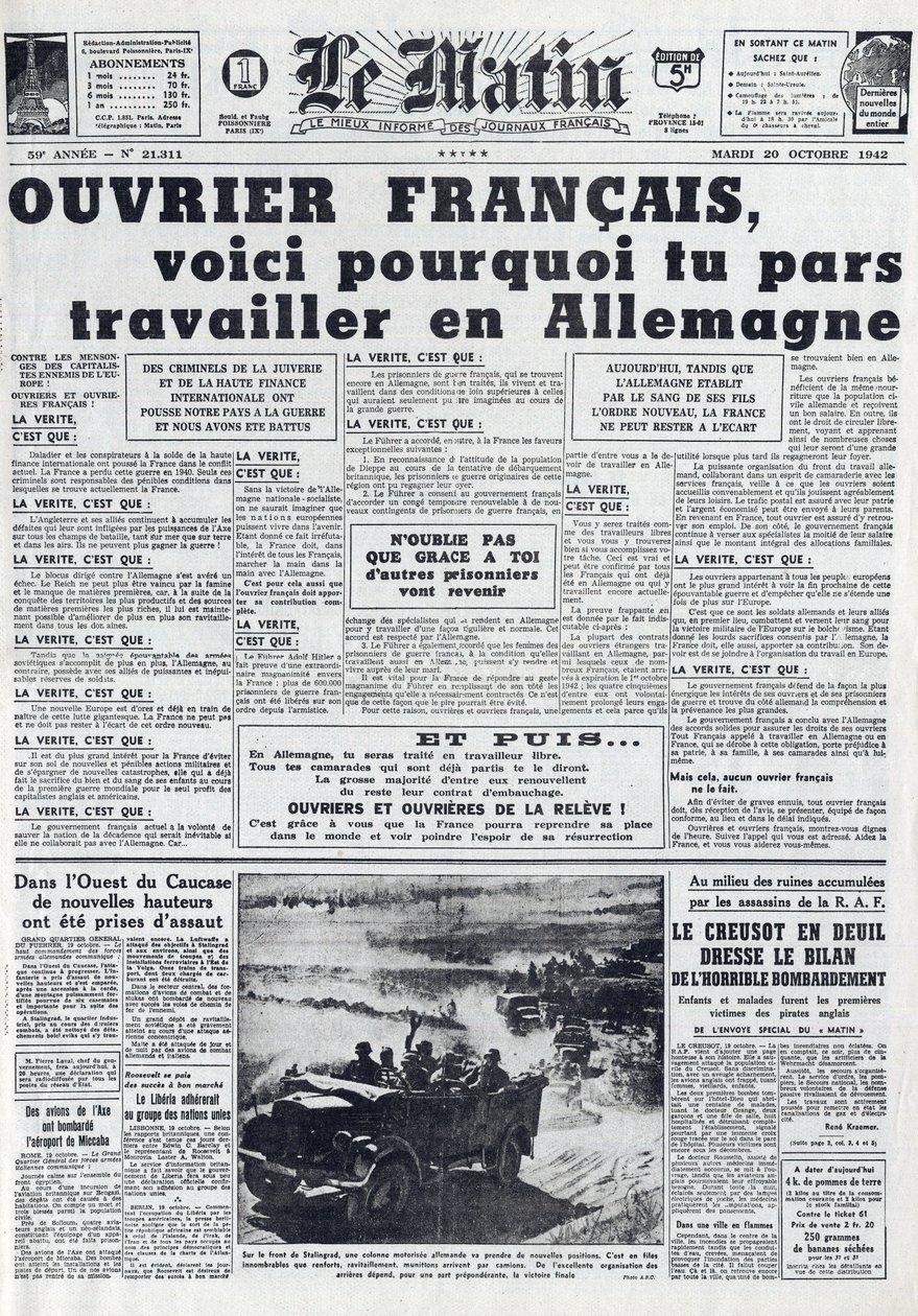 Aamulehti nro 21311, 20. lokakuuta 1942: Sto - Pakollinen työpalvelu - Miksi mennä töihin Saksaan - tekijältä French School