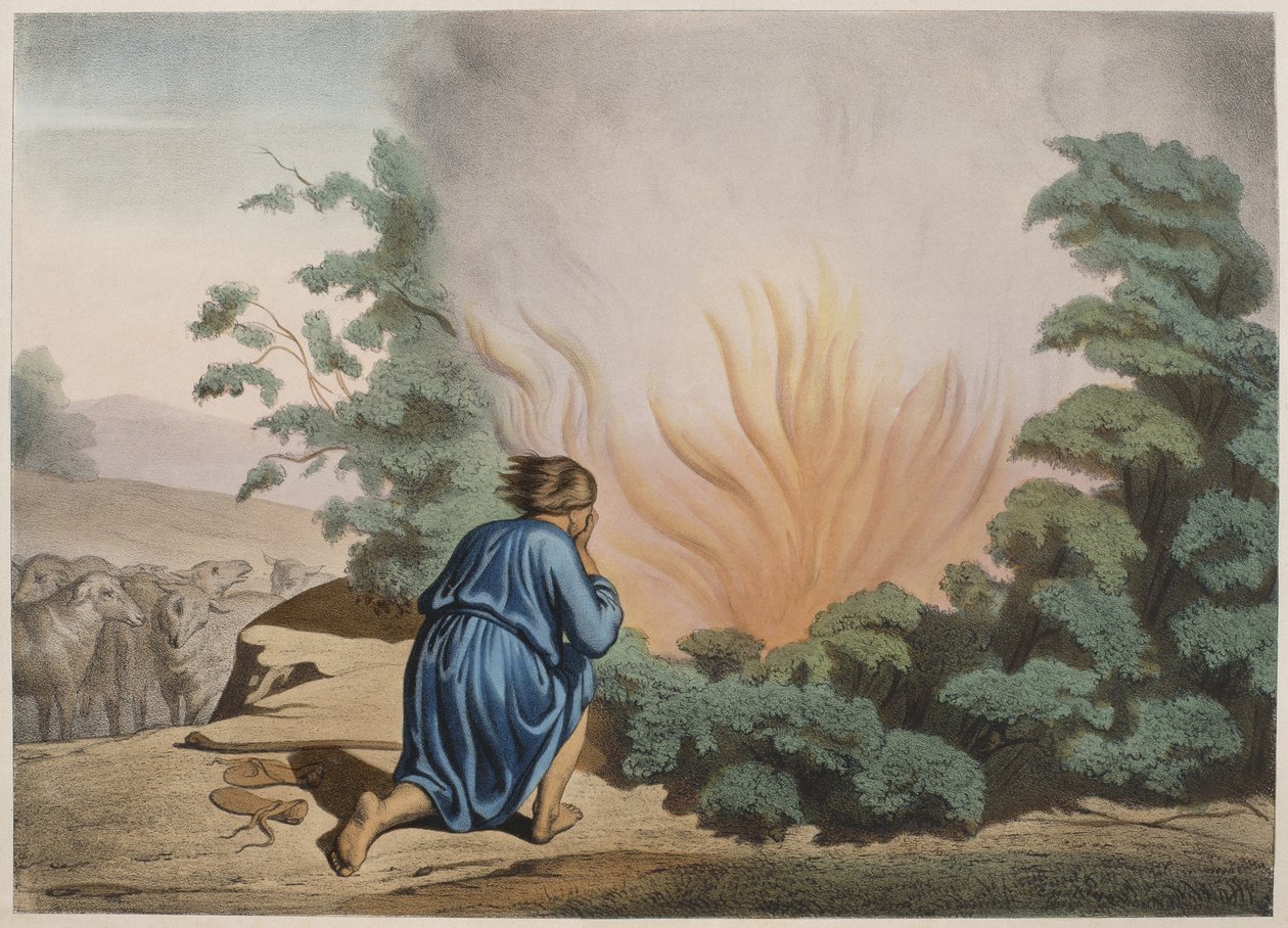 Mooses ja palava pensas, kuvitus katekisuksesta LHistoire Sainte, julkaisija Charles Delagrave, Pariisi, 1800-luvun loppu tekijältä French School