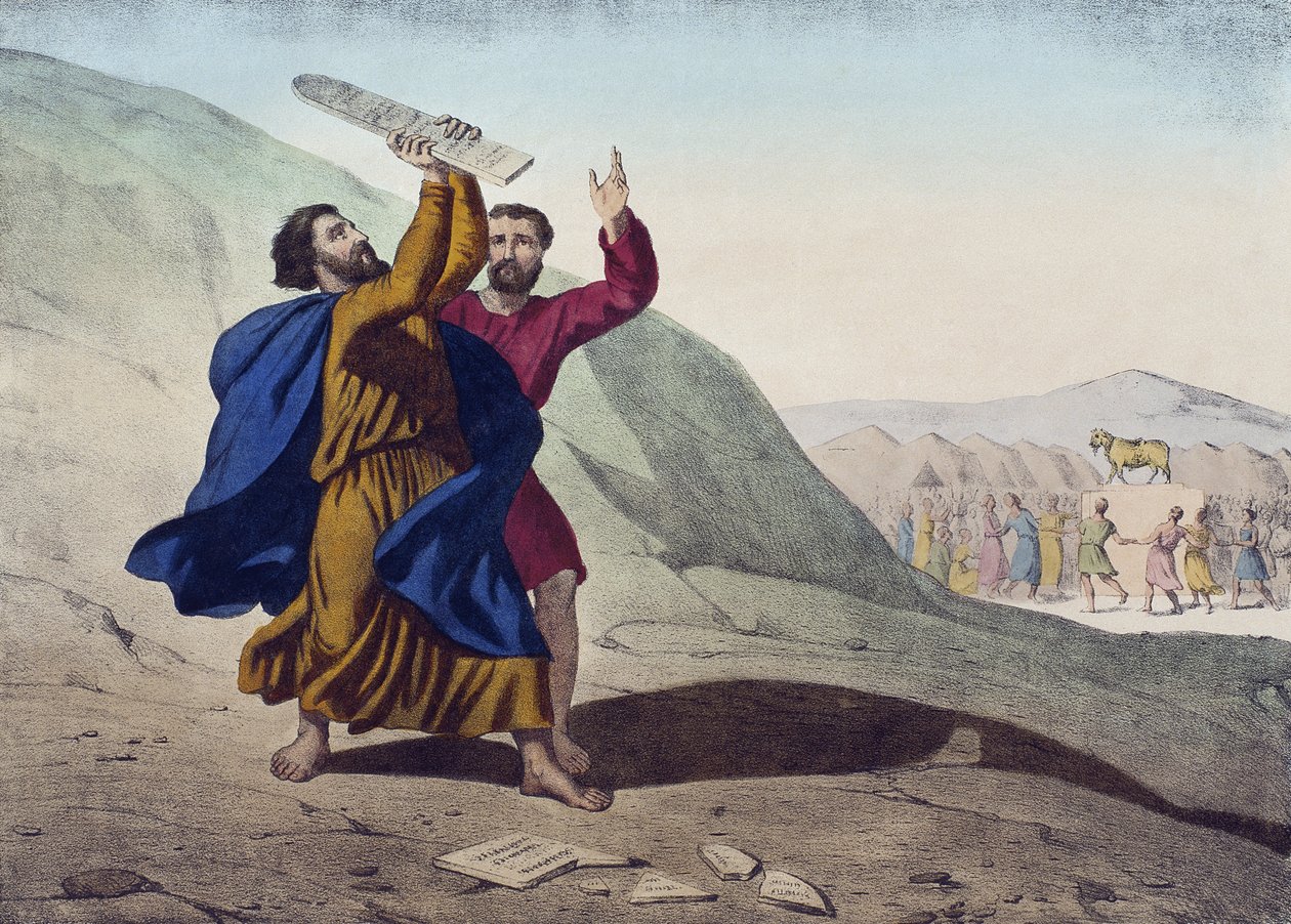 Mooses rikkoo lain tauluja ja kultaisen vasikan palvontaa, kuvitus katekismuksesta LHistoire Sainte, julkaisija Charles Delagrave, Pariisi, 1800-luvun loppu tekijältä French School
