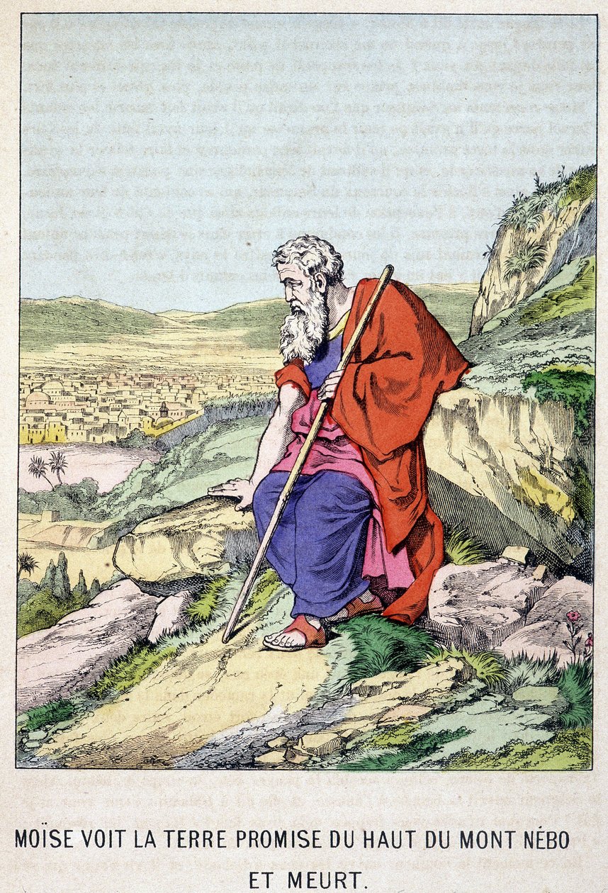 Mooses näkee luvatun maan Nebo-vuoren huipulta ja kuolee - elokuvassa "Mooseksen elämä", toim. Olivier Pinot, Epinal, 1800-luvun loppu tekijältä French School