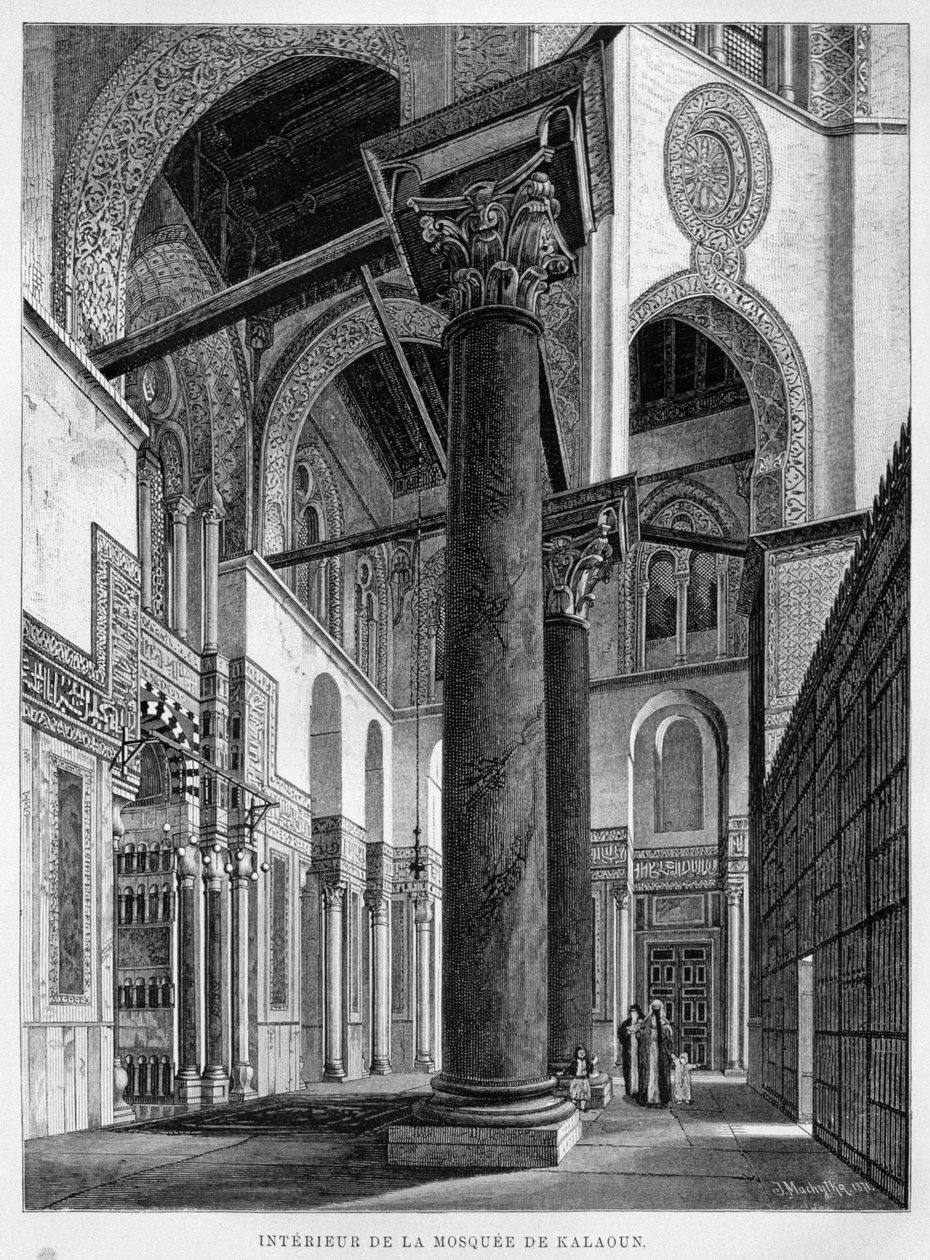 Moskeija ja Madrasa Qalawun, sisäkuva, Georg Moritz Ebersin (1837-98) kuvitus LEgyptestä 1881 tekijältä French School