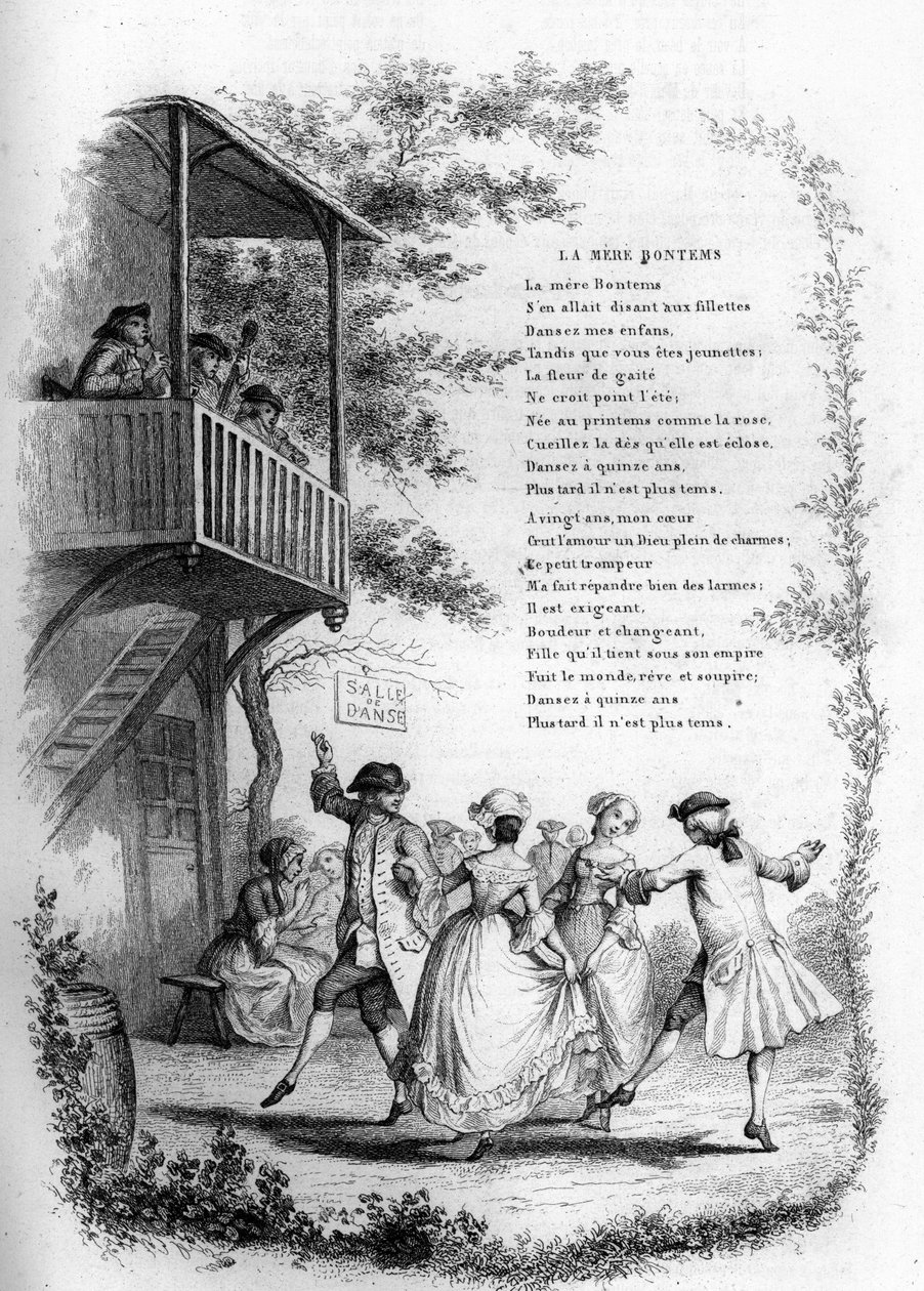 Äiti Bontems (Bontemps). Nuorten parien tanssi kylässä muusikoiden parvekkeella. Kaiverrus "" Chants et chansons populaire de la France"", Tome 2 tekijältä French School