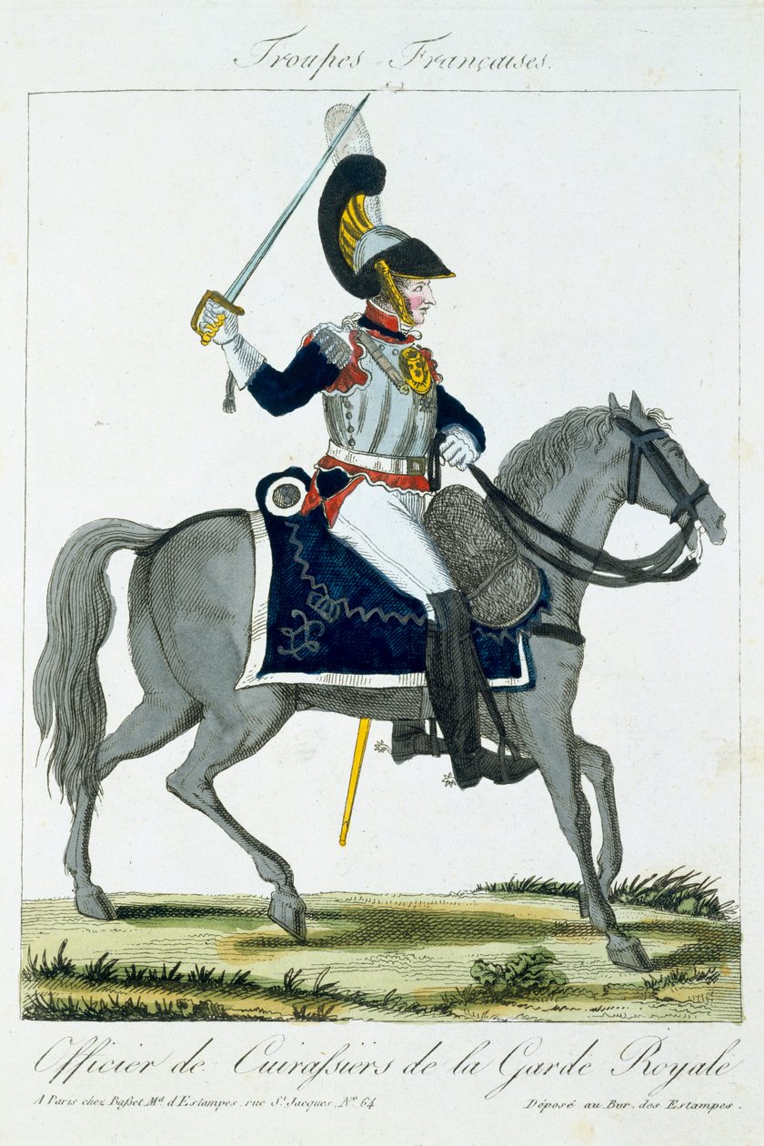 Kuninkaallisen vartijan Cuirassiersin ratsuupseeri, Troupes Francaises, pub. chez Basset, Pariisi, noin 1790 tekijältä French School