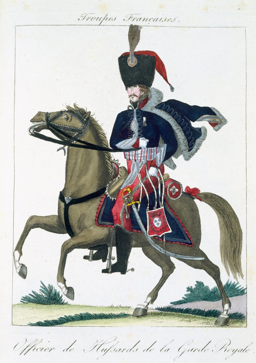 Kuninkaallisen kaartin husaarien upseeri, Troupes Francaises, pub. chez Basset, Pariisi, noin 1790 tekijältä French School