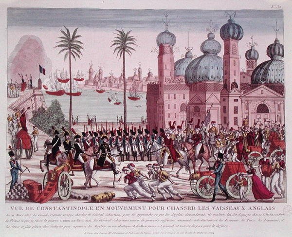 Joukkojen liike pakottaakseen englantilaisia aluksia Konstantinopolista, 21. maaliskuuta 1807 (värillinen kaiverrus) tekijältä French School