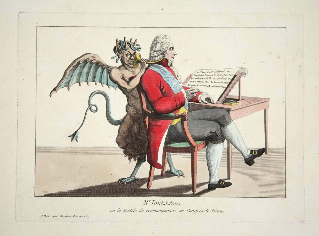 Mr. Tout-a-tous tai Tunnustuksen malli Wienin kongressissa, pub. 1815 (värikaiverrus) tekijältä French School