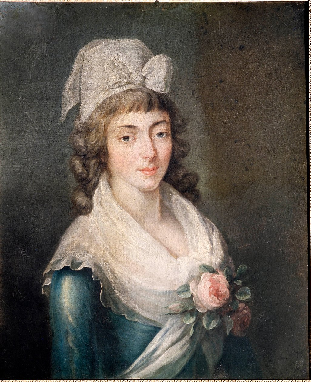 Rouva Roland: Muotokuva Madame Rolandista (1754 - 1793), Ranskan vallankumouksen hahmo, jolla on Girondin-lakkinen. maalaus ranskalaisesta koulusta tekijältä French School