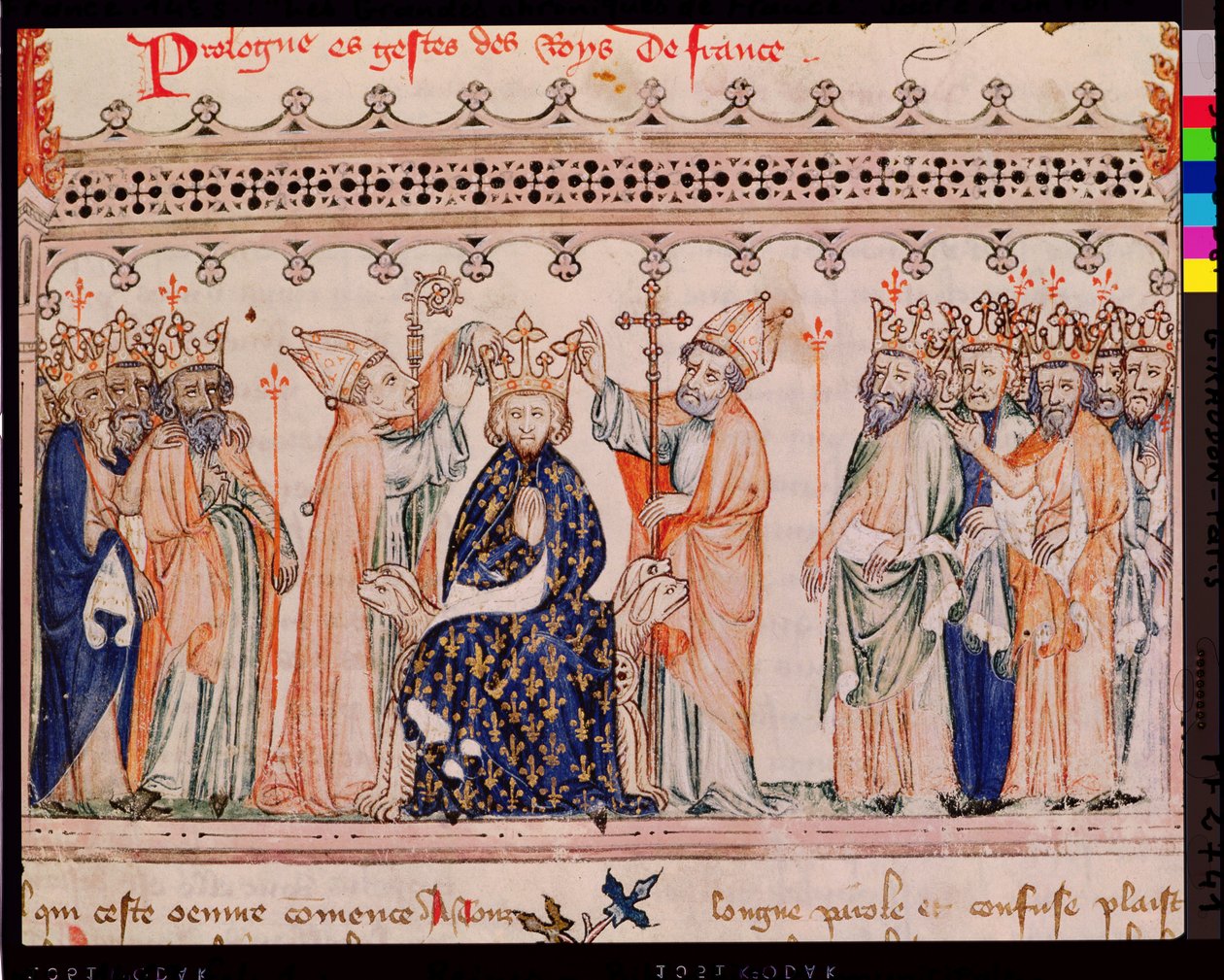 Ms.1469 f.1 Philip III Rohkean (1245-85) Ranskan kuninkaan vihkiminen Grandes Chroniques de Francesta, 1375-79 tekijältä French School