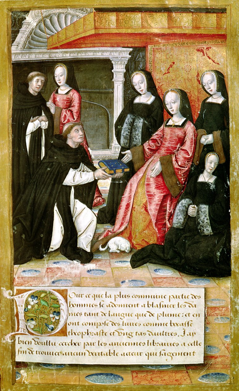 Ms.17 fol.1 Tekijä tarjoaa kirjansa Anne of Bretagnelle (1477-1514) Vie des Femmes Celebresistä, n. 1505 tekijältä French School